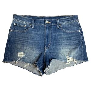 NEW! Levi’s Womens Size 31 High Rise Jean Shorts Blue Denim Distressed 2” Inseam
